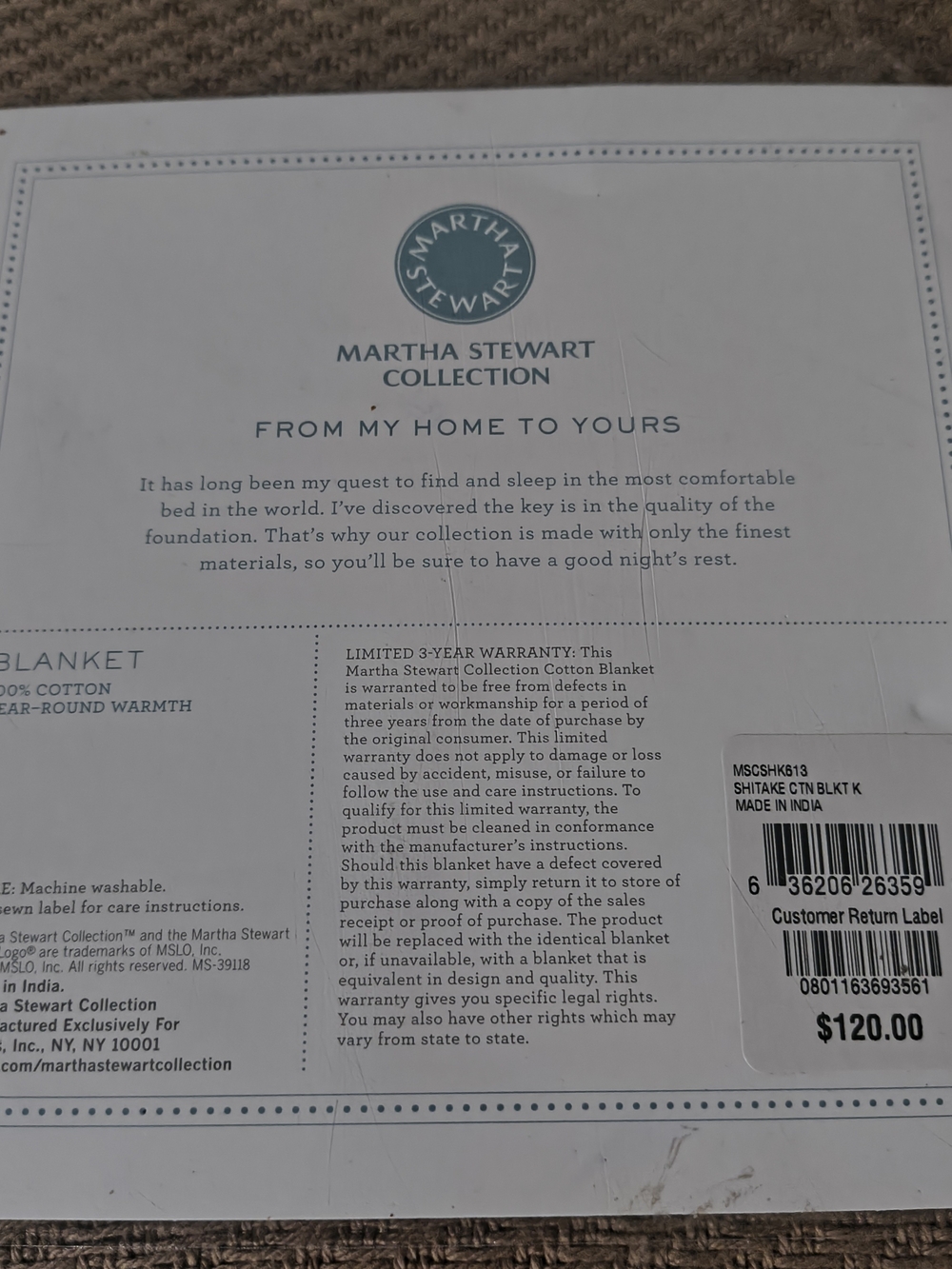 Martha Stewart 100% Cotton Basketweave Blanket King Unused, Shitake Color - Picture 3 of 3